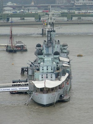 HMS Belfast, as seen from Tower Bridge. April 2006