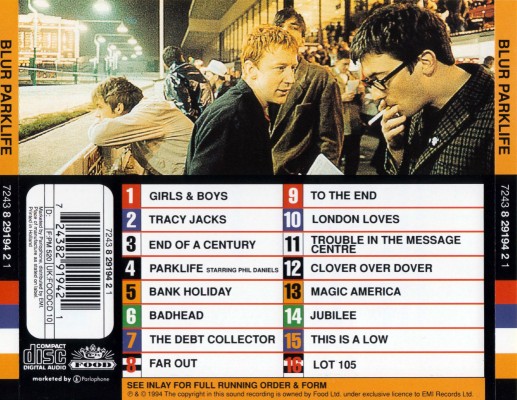 Back cover of album Parklife by Blur, released on 7 July 1994, taken at Walthamstow Greyhound Stadium
