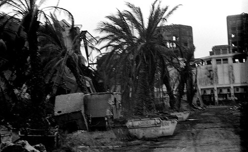 The set of Full Metal Jacket in Beckton Gas Works in 1986, square buildings visible in the background.