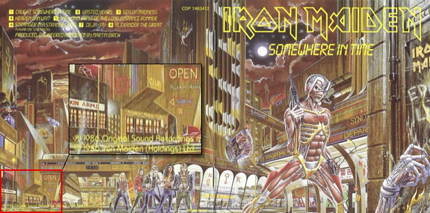 1986 album Somewhere in time, bottom left-hand corner of cover magnified