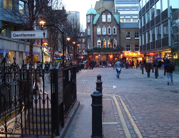 Looking down Broadwick street public toilets visible on the left January 2008