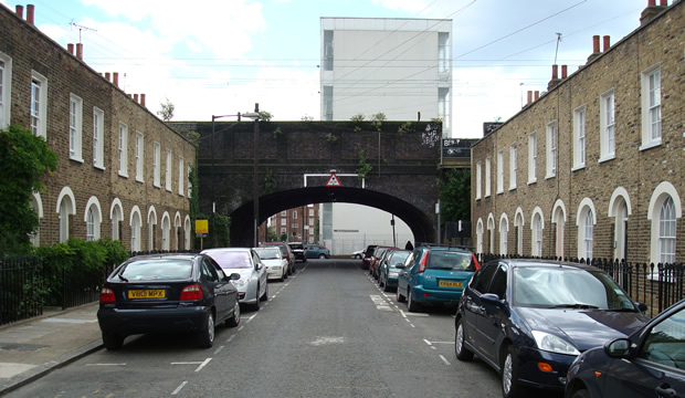 Looking down present day Havering street, railway bridge at the end